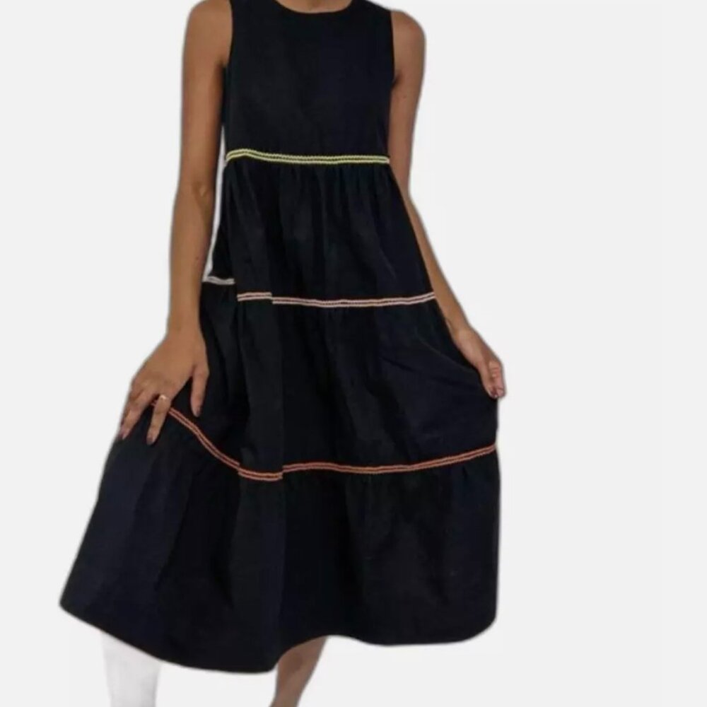 Madewell Maxi Cotton Dress Rickrack Cattail Black Ruffle Tiered XLP